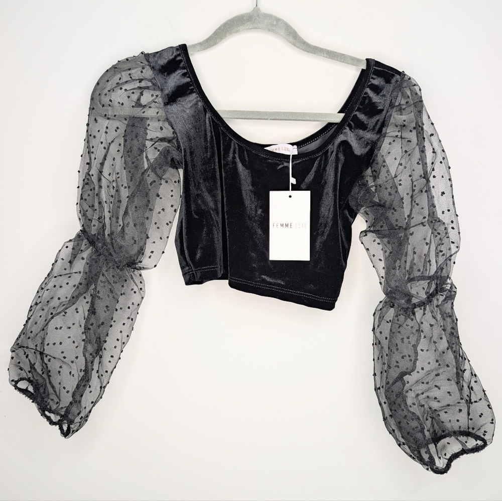 Femme Luxe Black Velvet Crop Top – Sheer Polka Dot Puff Sleeves – NWT – Size M/L